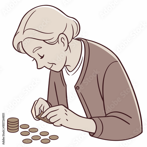 an illustration depicts an elderly woman carefully counting a small pile of coins with concentration and gentle care