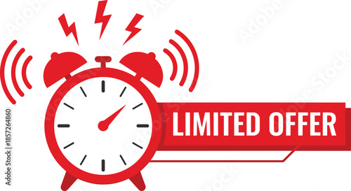 Limited offer red alarm clock banner with vibration waves and lightning design for flash sale urgency promotion