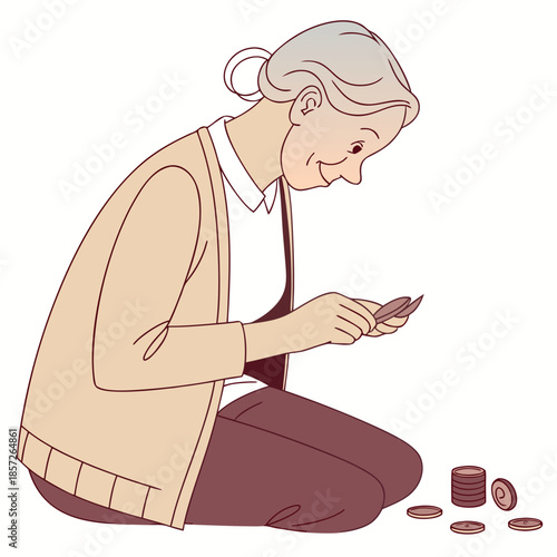 An elderly woman is carefully examining coins kneeling down to look closely at her small change high quality