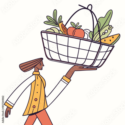 A woman carrying a woven wire basket brimming with a colorful assortment of fresh produce and vegetables