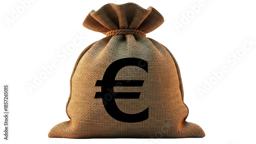 Burlap money bag with Euro symbol isolated PNG, sack of cash on transparent background, financial concept for business and economy