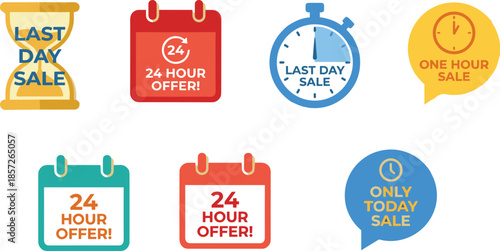 Last day sale and countdown offer icons set with hour timer calendar symbols for marketing promotion urgency concept