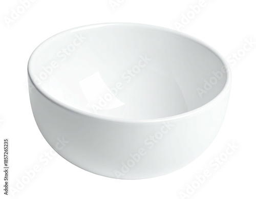 Empty white ceramic bowl, angled, against a black backdrop, clean