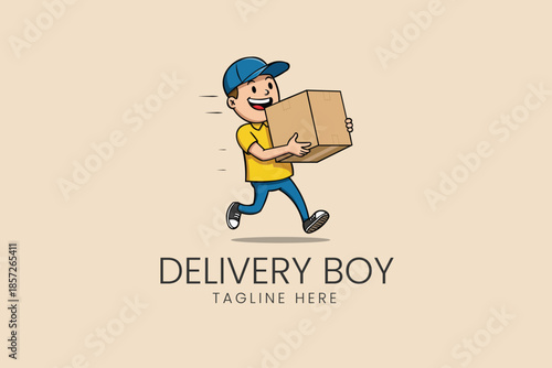 Cartoon Delivery Boy Carrying Cardboard Box Vector logo template