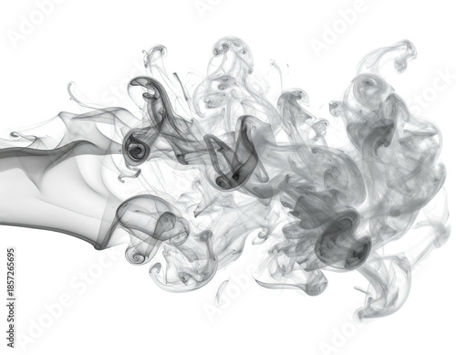 Wispy grayscale plumes rise and swirl against a transparent backdrop