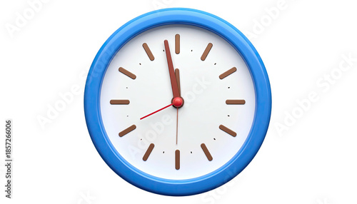 A circular wall clock shows almost 12 o'clock, with a blue frame