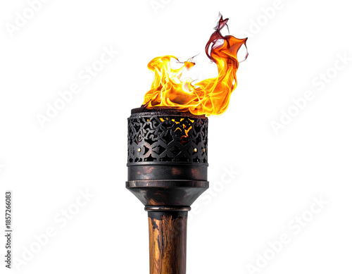 Ornate torch with bright flame against a black backdrop