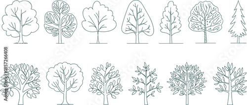 Set of minimalist tree line drawings, black and white outline illustration collection showing various tree shapes for nature, design, decoration use