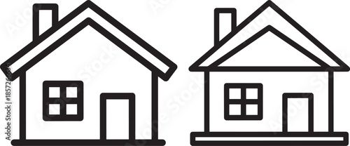 Simple black and white house icon for real estate and construction business, minimal line art illustration of a residential building.