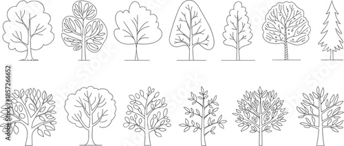 Set of minimalist tree line drawings, black and white outline illustration collection showing various tree shapes for nature, design, decoration use