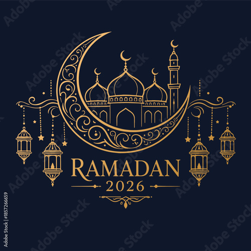 Elegant gold-on-navy Ramadan 2026 design with crescent moon, mosque domes, minarets, and lanterns. Perfect for holiday campaigns, Islamic events, cultural branding, and festive marketing.