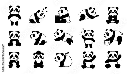 Cute panda cartoon icon and pose vector set isolated on white background