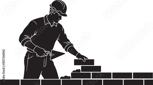 Bricklayer building a wall silhouette vector black on a white background