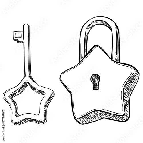 Star padlock and key vector line art hand drawn illustration