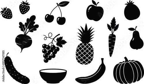 Fruit and vegetable silhouette icons set, fresh organic food, healthy produce symbols, black vector illustration collection