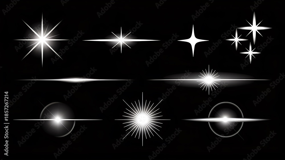 Fototapeta premium A collection of white spotlight effects against a black background, showcasing various light beams and rays from different angles