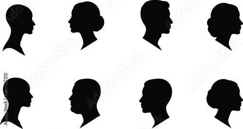 Male and female side profile silhouettes set, human head and face outlines, black vector portrait icons collection