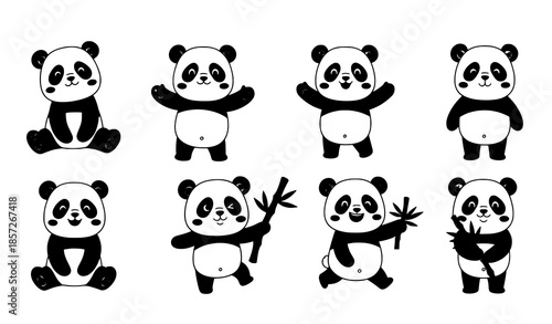 Cute panda cartoon poses vector set with playful animal characters isolated on white background
