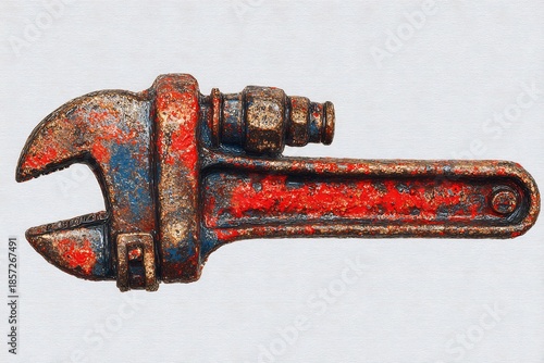 Rusty Vintage Adjustable Wrench with Old Tool Isolated on White Background.