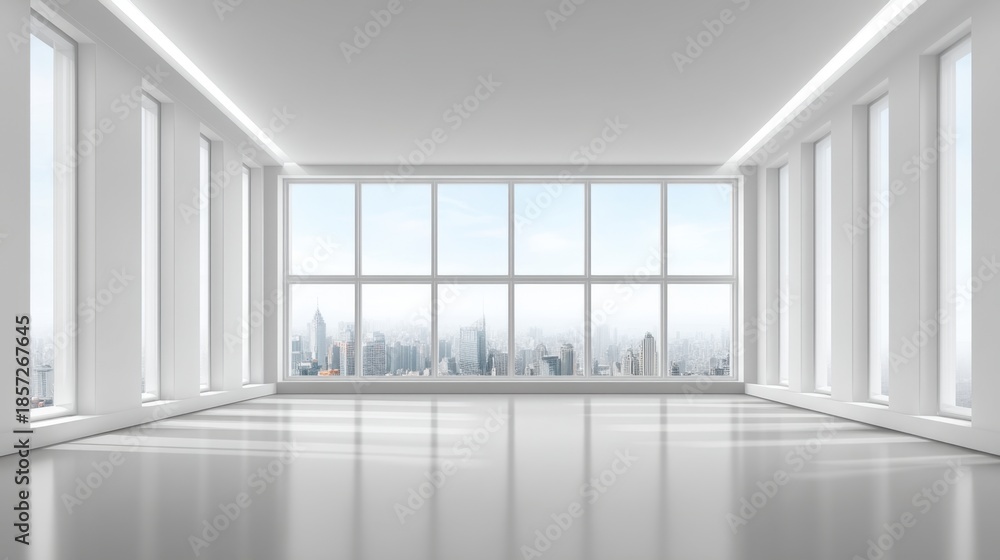 Fototapeta premium Bright and Spacious Modern Empty Interior with Large Windows Overlooking Cityscape in a Contemporary Architectural Design Space