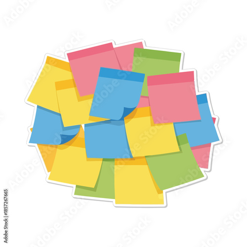 A large, disorganized pile of colorful sticky notes in yellow, pink, blue, and green, overlapping each other.