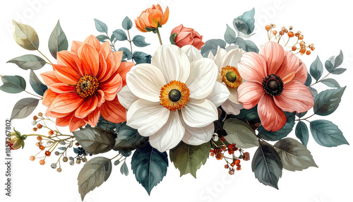 Watercolor floral arrangement with vibrant blooms and delicate foliage