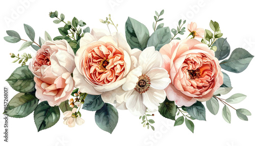 Watercolor floral arrangement with roses, anemone, and greenery