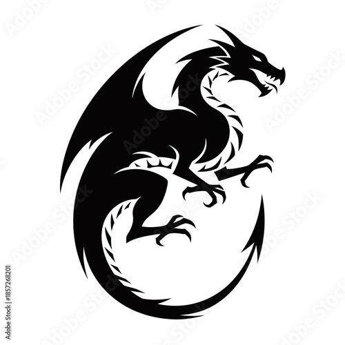 A striking black silhouette of a mythical dragon with spread wings and sharp claws, poised for action.