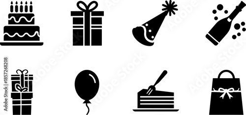 collection of black vector icons depicting birthday and celebration symbols on white background vector silhouette set, silhouette illustration