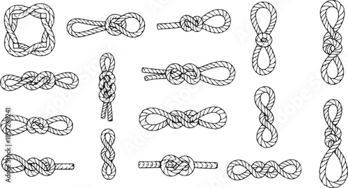 Hand Drawn Rope Knots Collection in Line Art Style for Nautical Marine and Decorative Design Use