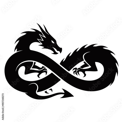 Black silhouette of a mythical dragon forming an infinity symbol, representing eternal power and strength in a graphic design.