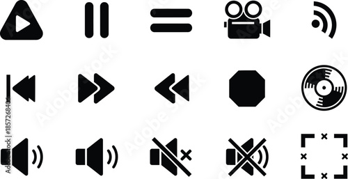 Collection of media control and playback icons in black and white