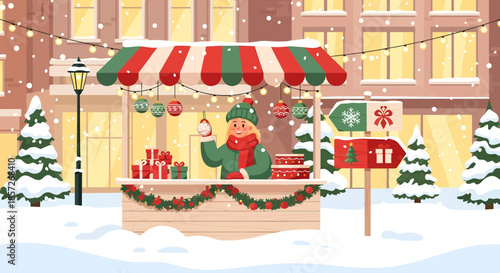 Christmas Market Stall with Santa Claus.