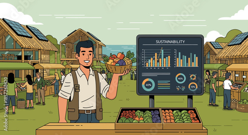 Farmer holding fresh produce at market stall.