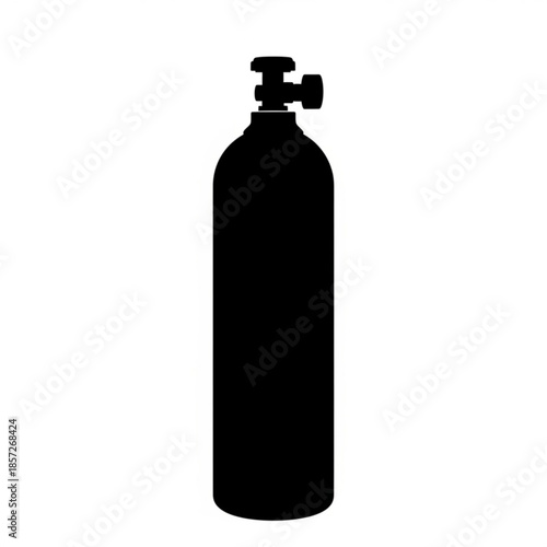 Black silhouette of a gas cylinder, a compressed gas container with a valve, isolated on a white background for industrial or scientific use