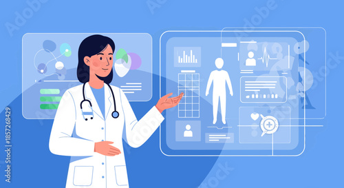 Female Doctor Interacting with Virtual Medical Interface.