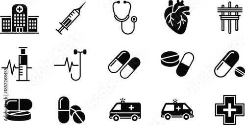 Medical and healthcare icons set including hospital medications and emergency services