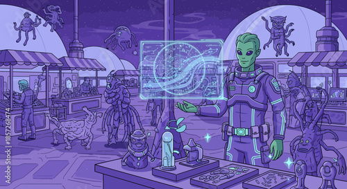 Futuristic Alien Character in Sci Fi Scene.