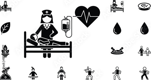 Healthcare and medical icons featuring a nurse and patient in various medical settings and symbols