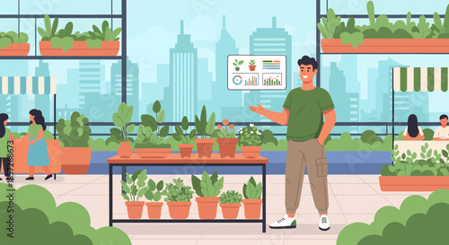 Man Standing Near Table with Potted Plants.