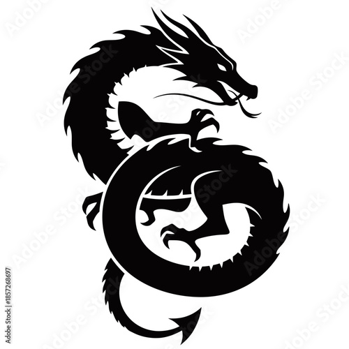 Striking black silhouette of a mythical coiled dragon with sharp claws and a fierce expression, a powerful graphic design.