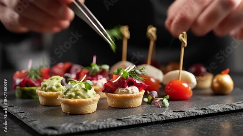 Soft focus rack pulling to sharply defined elegant canapés being meticulously arranged on a dark rough slate surface demonstrating precise professional food styling overhead, arrangement, culinary