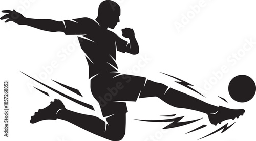 Soccer player silhouette vector illustration, football action poses, kicking ball stance, cad drawing flat vector illustration, sports icon design