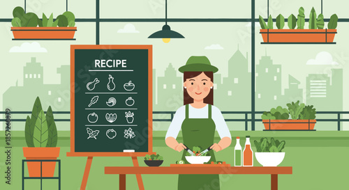 Woman Cooking in Modern Kitchen with Recipe Board.