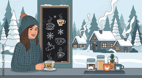 Woman Drinking Coffee in Winter Scene.
