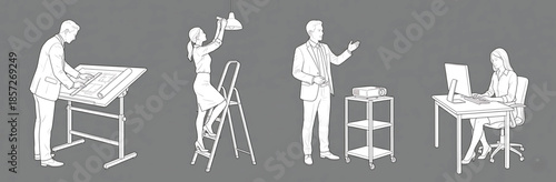 Business People Working in Office Line Art Vector Illustration on Grey Background