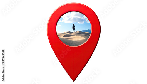 Free Download Red map marker with desert vista, lone figure stands, sky above - GFXLoad