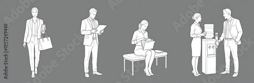 Outline Business People Vector Illustration Set Walking Working Talking on Grey Background