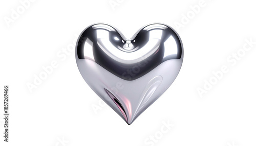 A glossy, reflective, silver heart floats against a stark black backdrop