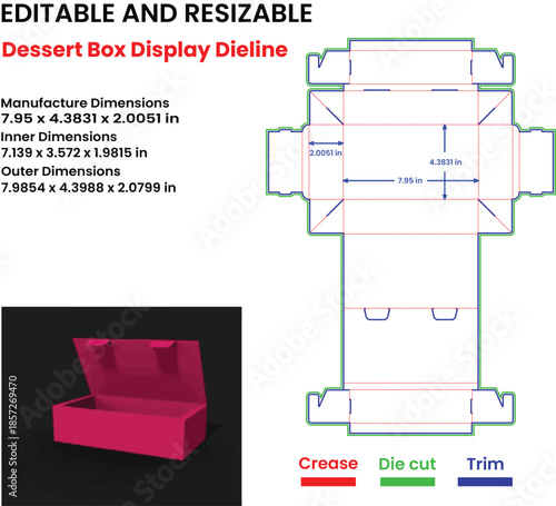 Dessert Box Display Dieline With Dimensions And Manufacturing Marks packaging template